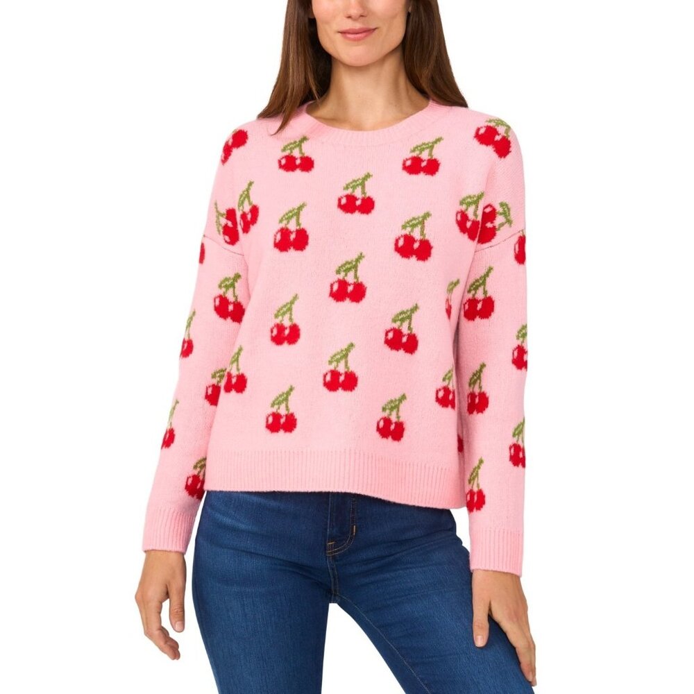 CeCe Women's Cherry Jacquard Crewneck Sweater Pink Size M MSRP $79